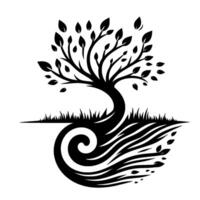 Monochromatic minimalist tree illustration with leaves, grass, and an abstract spiral element reflecting the trees shape in a dynamic composition, showcasing growth. vector