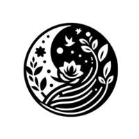 Yinyang celestial harmony a black and white circular featuring a lotus, moon, birds, leaves, and stars, symbolizing balance. vector