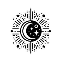 Stylized black and white celestial featuring crescent moon, stars, and burst elements on a white background. vector