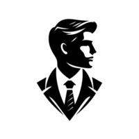 Classic black and white silhouette of a suave man in a suit and tie, looking to the side, expressing sophistication. vector