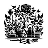 Elegant monochromatic garden illustration featuring flourishing flora, tools, and birds, arranged within a harmonious, circular composition. vector