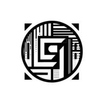 Intricate geometric abstraction a circular composition of black and white shapes, grids, and lines within a square. vector