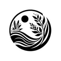 Black and white circular nature scene sun, flora, and flowing lines, decorative, minimalist style. vector