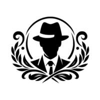 Classic silhouette of a man in a fedora and suit, encircled by laurel wreath and circular frame, rendered in bold black and white. vector