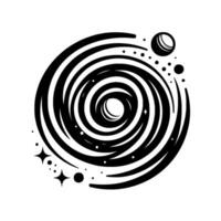 Abstract cosmic vortex with planets and stars a minimalist black and white illustration of a swirling galaxy, accompanied by celestial bodies, evoking a sense of wonder and mystery. vector