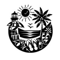 A stylized black and white beach scene in a circle, featuring a lighthouse, palm tree, ocean, sun, umbrella, beach chair, and various beach essentials. vector