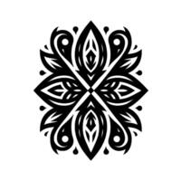 A symmetrical, black and white geometric floral featuring stylized leaflike forms, teardrop accents, and circular elements, presented on a white background, evoking balance and pattern. vector