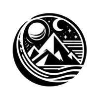 Minimalist black and white circular of a mountain range under a moonlit night sky, enclosed by stylized elements and a wavy base. vector