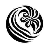 Intricate black and white floral mandala a symmetrical featuring stylized petals, swirling elements, and a central eyelike motif, creating a dynamic and balanced composition on a white backgr vector