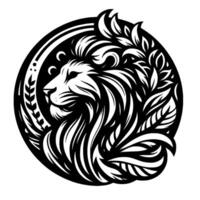A regal lions profile within a circular frame, intricately designed with flowing manes and leaf patterns in a bold black and white style. vector
