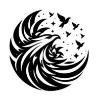 A stylized black and white illustration of a phoenix rising within a circular design, birds in flight, and stars scattered. vector