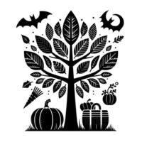A stylized halloween illustration in black and white, featuring a detailed tree with carved leaves and fallthemed elements, like pumpkins, bats, and a decorative basket. vector