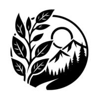 A stylized, minimalist black and white emblem showcasing a flourishing plant, silhouetted mountains, and a sun within a circular frame, representing natures harmony. vector
