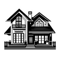 Architectural illustration of a modern twostory house featuring a balcony, multiple windows, and a simple fence, in a bold black and white style. vector