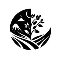 Yinyang day and night nature scene a stylized black and white illustration depicting mountains, moon, cloud, and a growing tree. vector