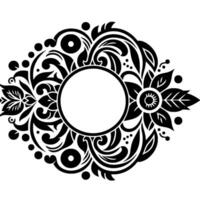 Ornate black floral symmetrical composition featuring flowers, leaves, swirls, and a central blank circle, on a white background. vector