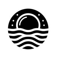 Black and white minimalist a stylized sunrise or sunset above wavy ocean lines, encircled by a dark border with stars. vector