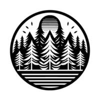 Black and white circular forest silhouette evergreen trees with a horizontalline sun over a reflective water line in a minimalist, design. vector