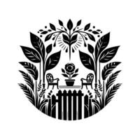 Elegant black and white illustration of a serene garden scene with a rose, chairs, a picket fence, surrounded by stylized foliage. vector