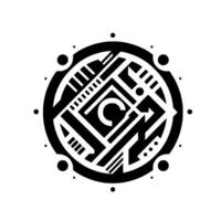 Abstract black and white geometric composition with a c inside a circular, interlocking shape, surrounded by dots. vector