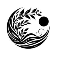 Circular monochrome illustration of leafy branches, berries, sun, and swirling elements, depicting nature and harmony vector