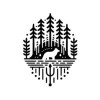 A stylized black and white illustration depicting a wolf in a forest setting, surrounded by trees, lines, and decorative elements, enclosed in an oval shape. vector