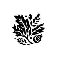 A stylized black and white botanical illustration featuring a collection of leaves, grains, and a fig, artfully arranged in a circular composition. vector