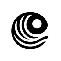 Abstract, minimalistic black and white of a stylized eyelike form, incorporating curves, wavelike lines, and a central circle against a clean white background. vector