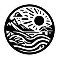 Black and white circular illustration of a coastal landscape featuring mountains, sun, birds, and waves a simplistic and serene seaside scene. vector