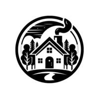 Cozy monochrome illustration of a house surrounded by nature within a circular frame, depicting a serene evening scene with moon and stars. vector