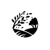 A minimalist black and white of a rural landscape encapsulated in a circle, featuring stylized trees, rolling hills, and falling leaves, with a clean, modern aesthetic. vector