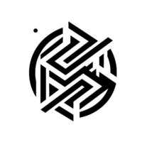 Minimalist abstract geometric of a black and white interconnected pattern encapsulated within a circle, accompanied by a small black dot. vector