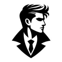 A stylized black and white illustration of a sharply dressed man in profile, featuring bold lines, a confident expression, and modern, slickedback hair, sporting a tie and coat. vector