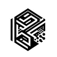 A black and white geometric illustration of a d hexagonal cube with an intricate labyrinthine pattern, suggesting technology and interconnection. vector