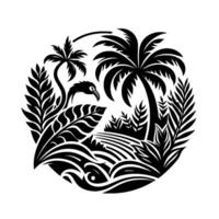 Silhouette illustration tropical island scene with bird, palm trees, lush foliage, and rolling waves, all encased in a circular frame. vector