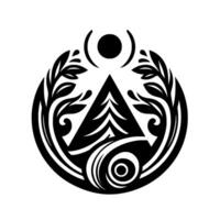 Intricate black and white circular emblem geometric forest, leafy branches, and celestial elements in a symmetrical design. vector
