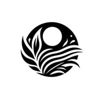 A minimalist emblem featuring a stylized nature scene within a circle it incorporates leaves, water waves, and a central sun, rendered in black on a white background. vector