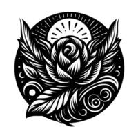 Intricate black and white stylized illustration of a rose, encircled by a circular frame with sunburst accents and flowing leaf designs. vector