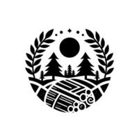 Silhouette emblem depicting a stylized natural landscape with trees, fields, sun, and laurel wreath within a circular border. vector