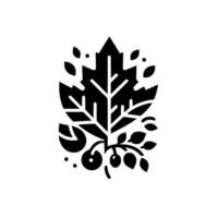 Stylized monochromatic botanical illustration of a leaf and berry arrangement, featuring geometric shapes and clean lines against a white backdrop. vector