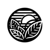 A circular black and white linework illustration of leaves and a stylized sunset, evoking a sense of peace and natural beauty. vector