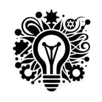 Artistic illustration a black and white conceptual composition of a lightbulb surrounded by cogs, stars, and curvilinear elements. vector