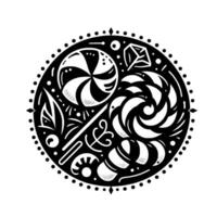 Intricate black and white circular composition stylized candy, floral, and geometric elements within a dotted border vector