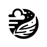 A stylized, minimalist black and white emblem featuring a leaf, wind, cloud, and stars, contained within a circular shape. vector