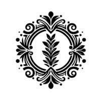 Ornate black floral crest a symmetrical, detailed emblem featuring a central leafy motif surrounded by a circular frame and swirling embellishments, rendered against a clean white background. vector