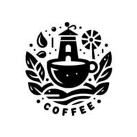 A stylized circular coffee featuring a lighthouse on a steaming cup, with leaves, water droplets, a windmill, and the word coffee. vector