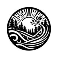 A circular black and white naturethemed featuring stylized trees, flowing water, and sunburst rays, illustrating a tranquil landscape. vector