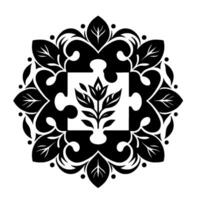 A symmetrical black and white illustration features a puzzle piece centerpiece with a growing plant in the center, encircled by ornamental floral designs and dots, showcasing harmony. vector