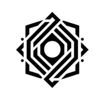 Intricate black geometric ornament on white a symmetrical featuring interwoven shapes, a central circle, and subtle dot accents. vector