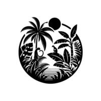 A stylized, blackandwhite jungle scene within a circle, featuring monkeys amidst palm trees, foliage, and a sun, creating a minimalist aesthetic. vector